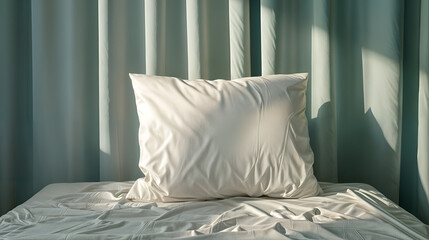 Blank white pillow on bed mockup, bedroom domestic textile template