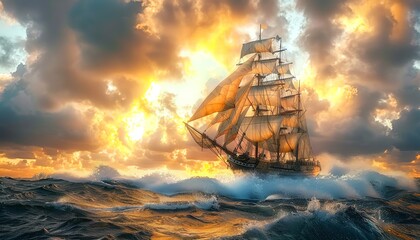 Fototapeta premium Old sailing ship on stormy seas with dramatic dark clouds and golden sunset light wideangle shot
