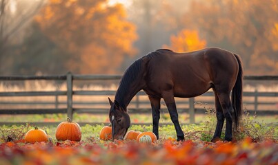 Horses in an autumn meadow, surrounded by colorful leaves and pumpkins