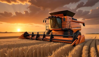 Fototapeta premium Two Modern Harvesters Working in a Golden Wheat Field at Sunset