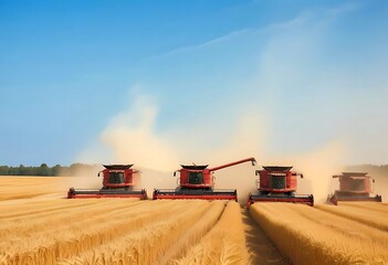 Obraz premium Two Modern Harvesters Working in a Golden Wheat Field at Sunset