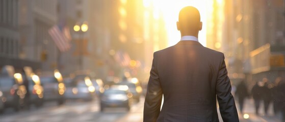 A man in a suit is walking down a city street with cars and people around him