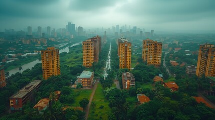 A distant cityscape with tall buildings and a river gives way to a community center surrounded by greenery and a path