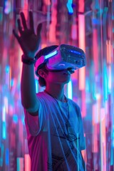 A man wearing a VR headset is looking at a neon sign. The neon sign is bright and colorful, creating a futuristic and exciting atmosphere. The man is enjoying the virtual reality experience
