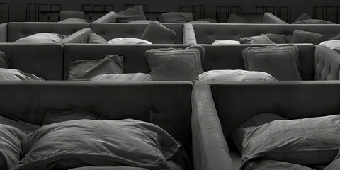 The Sleep Labyrinth: A maze of twin beds, all neatly made with crisp sheets and fluffy pillows, stretching into the distance, waiting for dreamers to wander in
