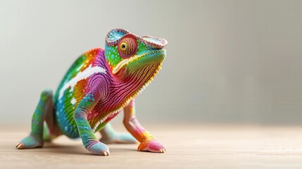 Chameleon in a rainbow shirt, simple beige backdrop, colorful and adaptable