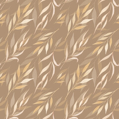 Watercolor seamless pattern with flowers and golden leaves on a beige background. Botanical print for design and decoration. Background, wallpaper, wrapping paper, autumn plants.