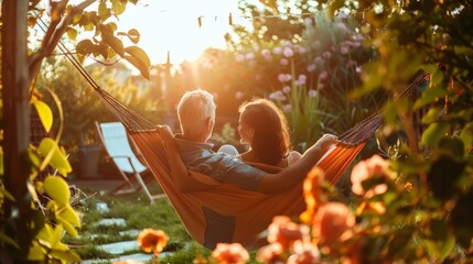 A couple relaxing in a hammock in their sunlit garden