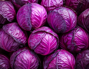 Obraz premium Several vibrant, juicy red cabbages in the background