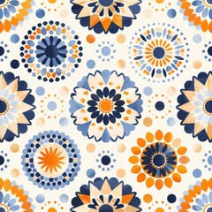 Seamless pattern with blue and orange watercolor mandala on white background.