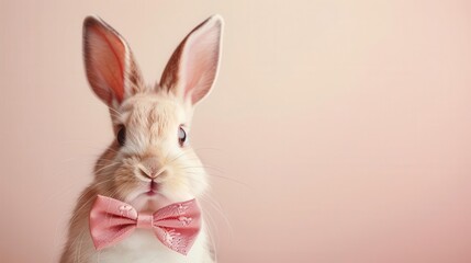 Rabbit in a bowtie, simple cream background, cute and dapper