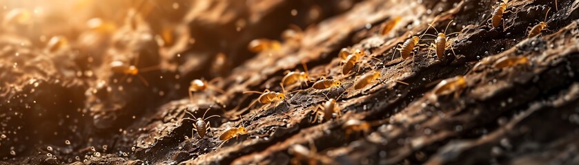 Termites crawling over decayed wood under natural light showing intricate details macro shot