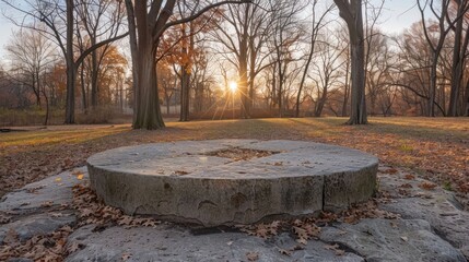 A large stone circle sits in a park with trees in the background