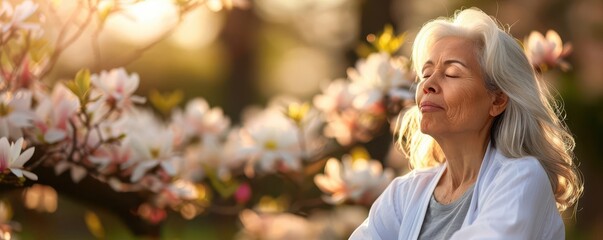 Senior woman meditating in a tranquil garden, soft sunlight, peaceful expression, medium shot, blooming flowers