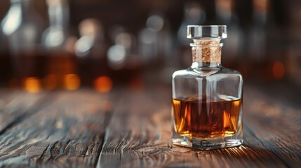 An elegant glass whiskey bottle with a cork top is displayed on a wooden surface, showcasing the rich amber liquid and highlighting the craftsmanship and classic design.