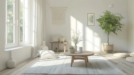 Interior of bright living room in scandinavian style with coffee table and pillows on the floor