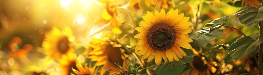Naklejka premium Vibrant sunflowers in full bloom, green leaves, soft bokeh background, warm sunlight, closeup shot