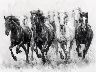 Obraz premium a monochromatic sketch of a group of horses galloping in a loose formation.