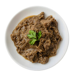Traditional bangladeshi beef curry on a white plate, displayed against a clear background