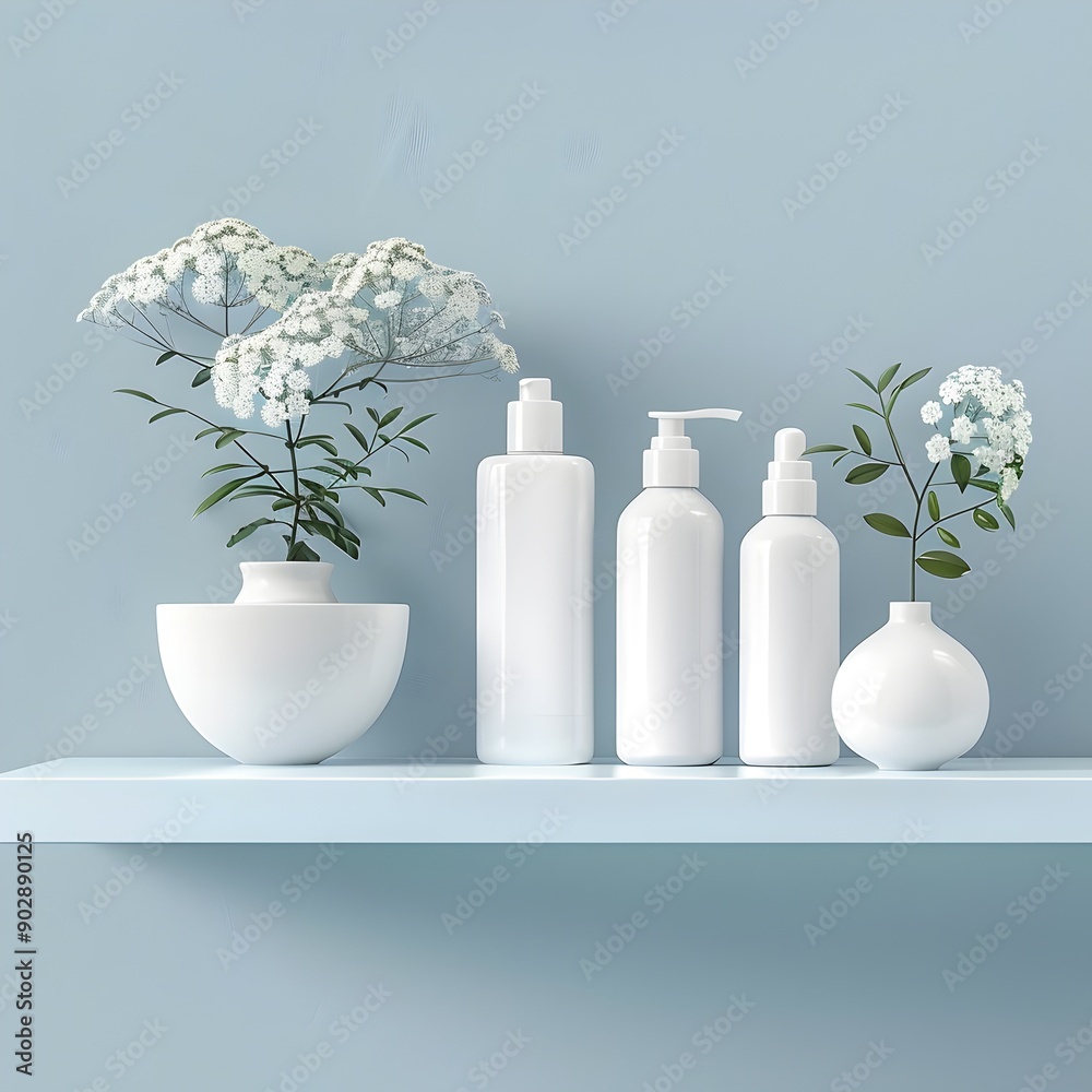 Poster minimalist white display shelf with beauty products for captivating cosmetic presentation concept