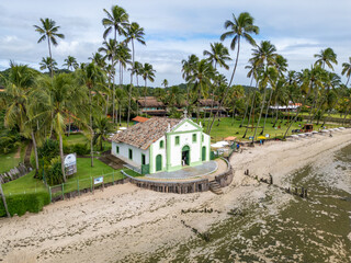 Aerial photo of São Benedito Church at Praia dos Carneiros in the city of Tamandaré, state of Pernambuco, Brazil