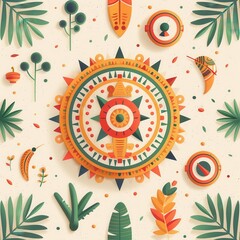 Colorful abstract pattern with geometric shapes and nature elements, perfect for modern design projects.