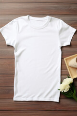 A simple white tshirt is laid down on a rustic wooden surface, making it perfect for a variety of styles. Mock-up for your design