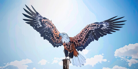 Obraz premium The Soaring Eagle of Hope: A majestic eagle, spreading its wings against a cloudy sky, perched atop a fence post.