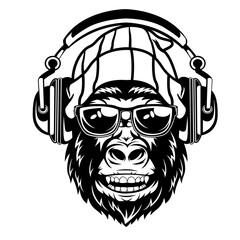 Ape Lifestyle | Gorilla Head | Gorilla wearing Sunglasses | Gorilla Headphones | Wild Animal | Jungle Animal | Gorilla | Gorilla Black and White | Original Illustration | Vector and Clipart | Cutfile 