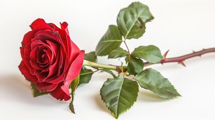 one single red rose flower on white background