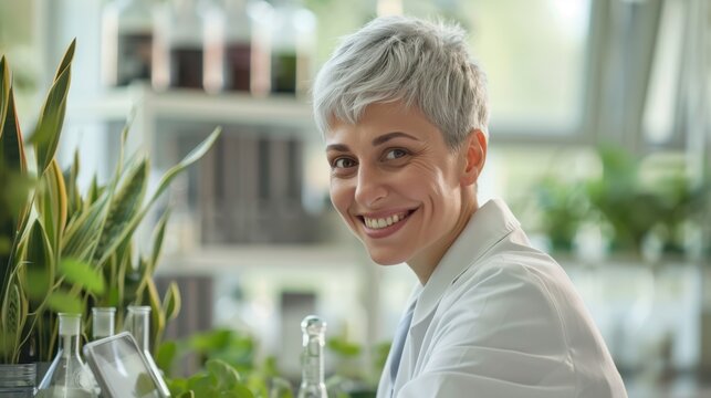 The smiling female scientist
