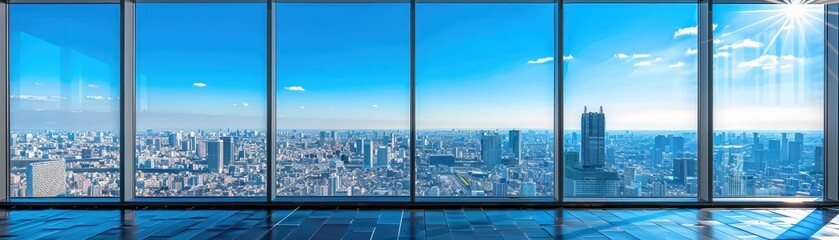 A city view from a high floor with a clear blue sky. The city is full of tall buildings and the sky is clear and bright