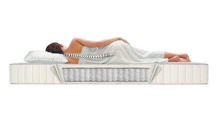 Woman in sleeping position with spine on pocket spring mattress