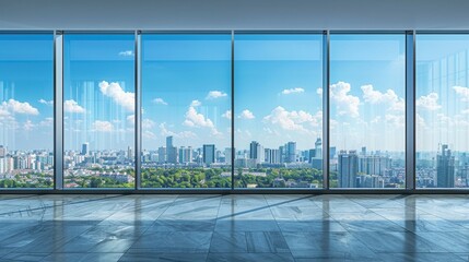 Fototapeta premium A city view from a high floor with a clear blue sky. The city is full of tall buildings and the sky is clear and bright