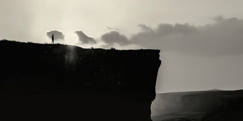 The Perilous Leap of Faith: A lone figure, silhouetted against the setting sun, standing on the edge of a cliff.