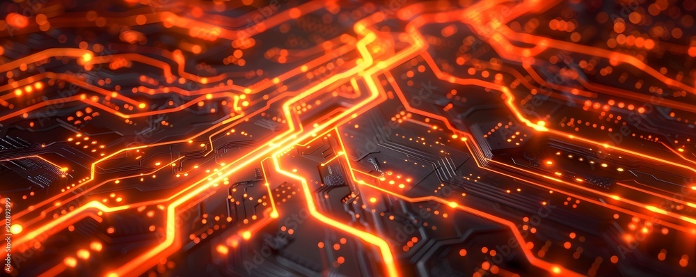 Poster neon orange backdrop with glowing circuit board design for dynamic tech and electronics display