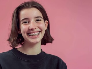 Young girl wearing braces smiling on isolated colored background