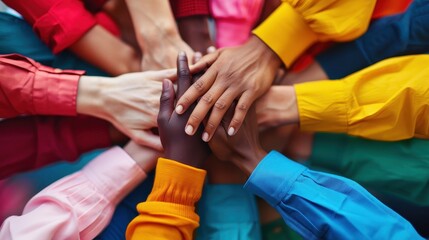 A vibrant image depicting a group of diverse and colorful hands stacked together, symbolizing unity, diversity, and teamwork among people from different backgrounds.