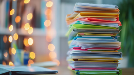 A stack of colorful paperwork and documents piled on a desk in an office, with a blurry bokeh background.

