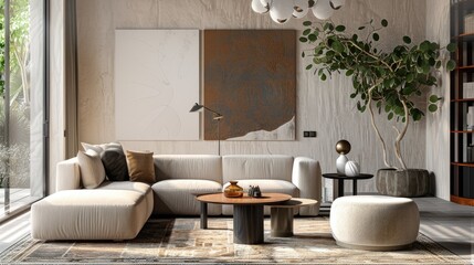 Modern living room interior with contemporary furniture, presented in a detailed 3D render