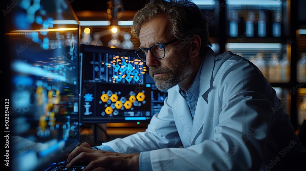 Poster a scientist in a lab coat sits at a desk in a dimly lit room, intently analyzing data on two compute