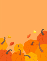 Poster with pumpkins and autumn leaves on a orange background. Vector card template for greeting.