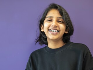 Young girl wearing braces smiling on isolated colored background