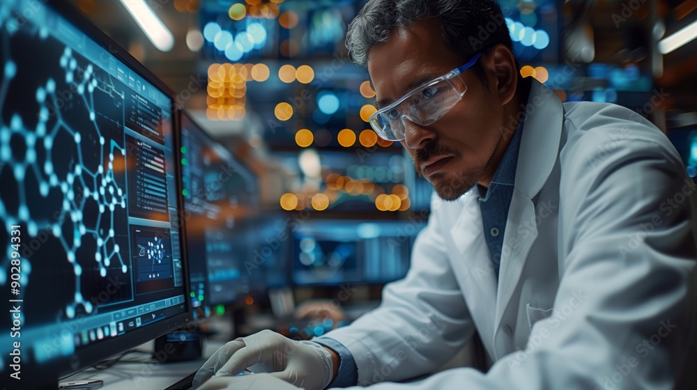 Poster a scientist in a lab coat is focused on a computer screen displaying data visualizations, likely wor