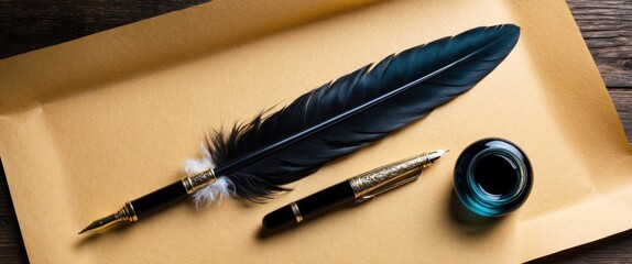 A stylish writing setup featuring a feather quill, elegant pen, and ink, perfect for artistic expression and vintage-themed projects.
