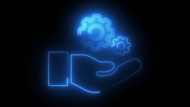 Neon Settings and Support Icon Vector, Glowing Orange Hand with Gears for Technical Assistance and Configuration Design