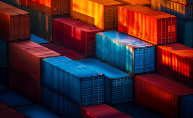 Fototapeta premium Aerial view of a shipping container yard with stacks of colorful containers arranged in an organized grid pattern.