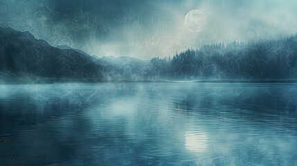 Fototapeta premium Mystical Moonlit Lake with Ethereal Mist Rising from the Surface AI Generative