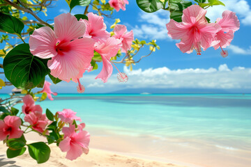 Beautiful pink hibiscus flowers with a picturesque view of a pristine beach and clear blue sky, showcasing the serene and tropical surroundings.