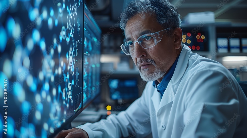 Poster a scientist in a lab coat studies data displayed on a computer screen.